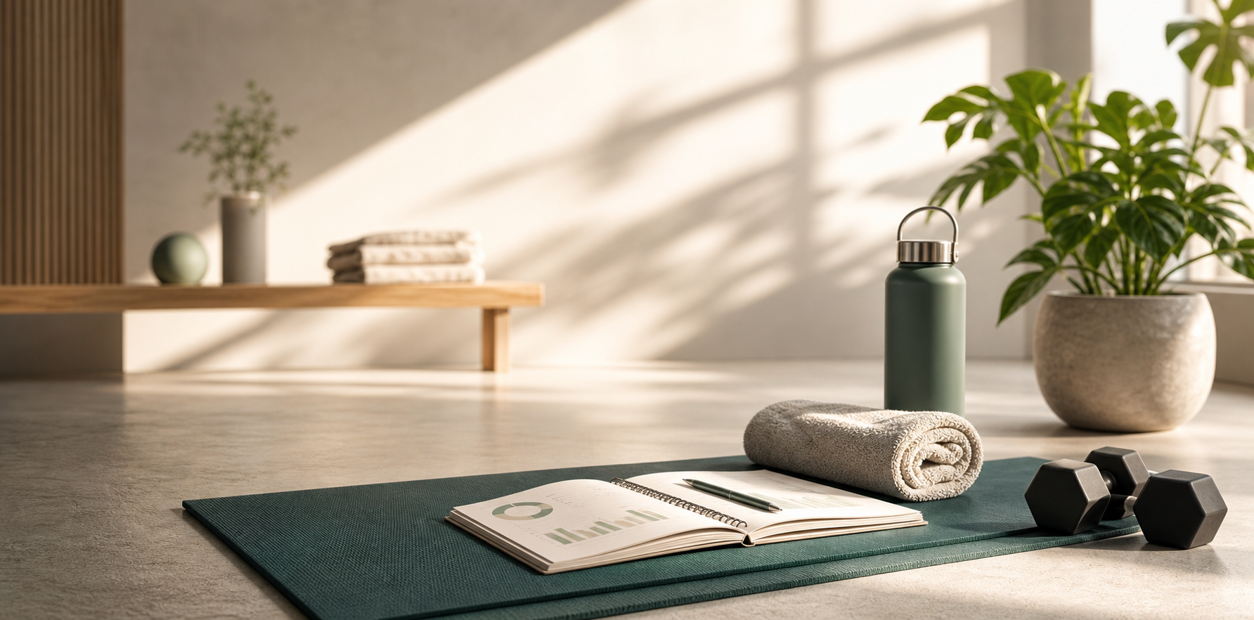 A warm wellness setting with fitness and progress tracking tools.